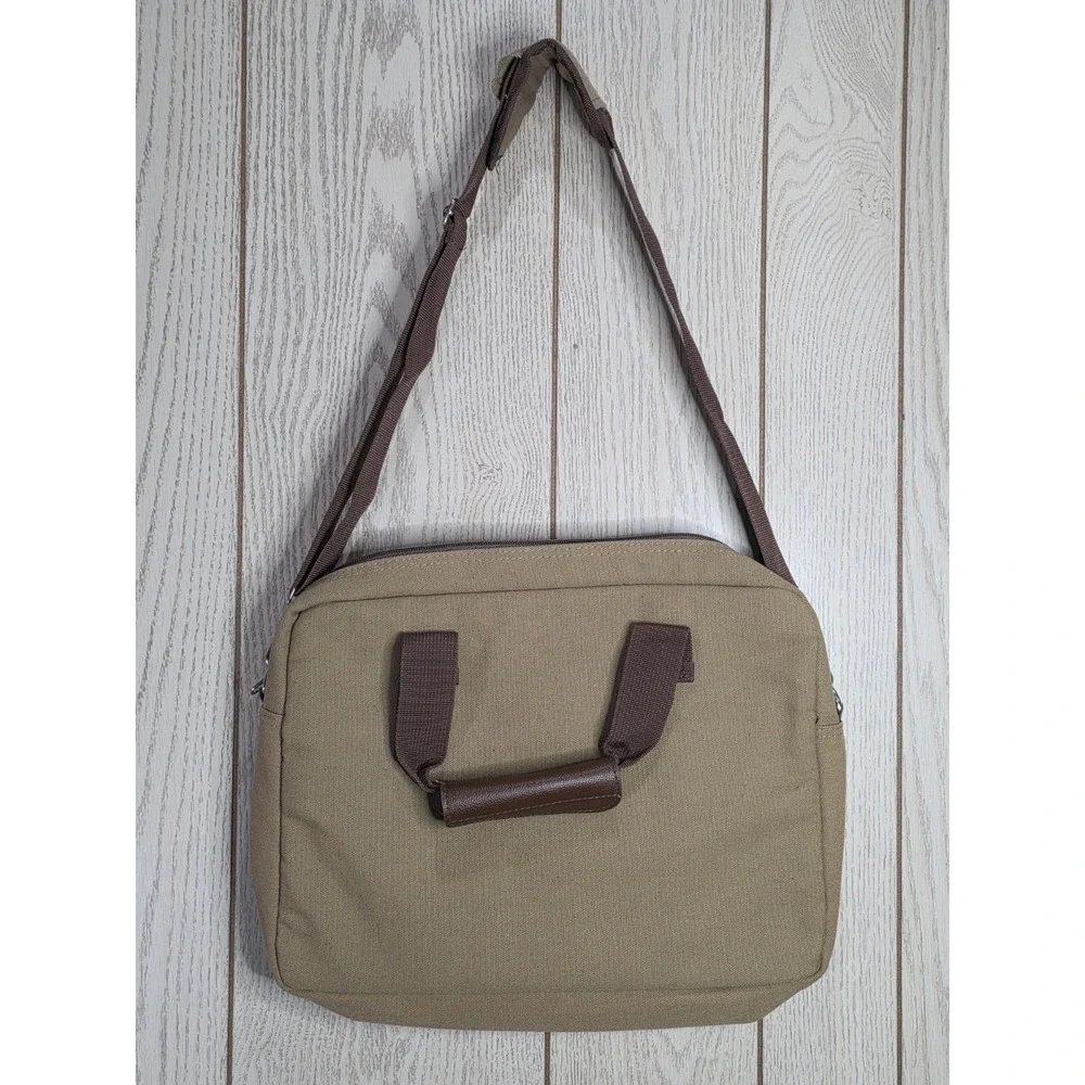 Bella Russo Khaki Canvas Laptop Messenger Bag Brown Trim Adjustable Strap 15in